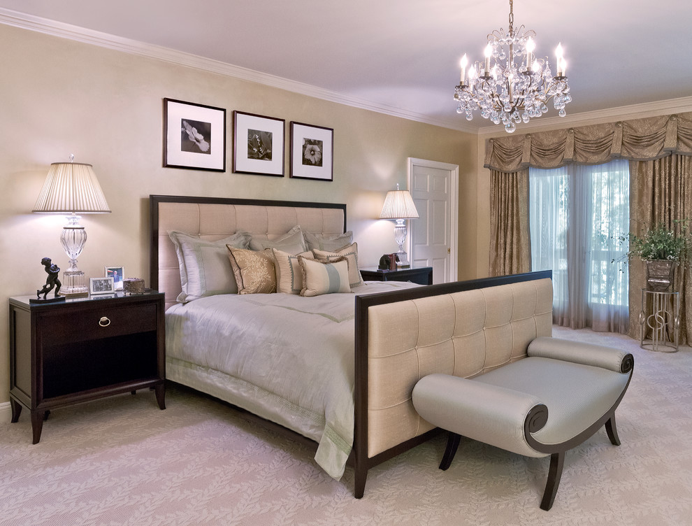 Bedroom - large transitional master carpeted bedroom idea in New York with beige walls