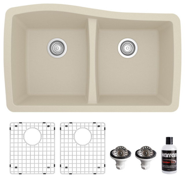 Karran Undermount Quartz 33" 50/50 Double Bowl Kitchen Sink Kit, Bisque
