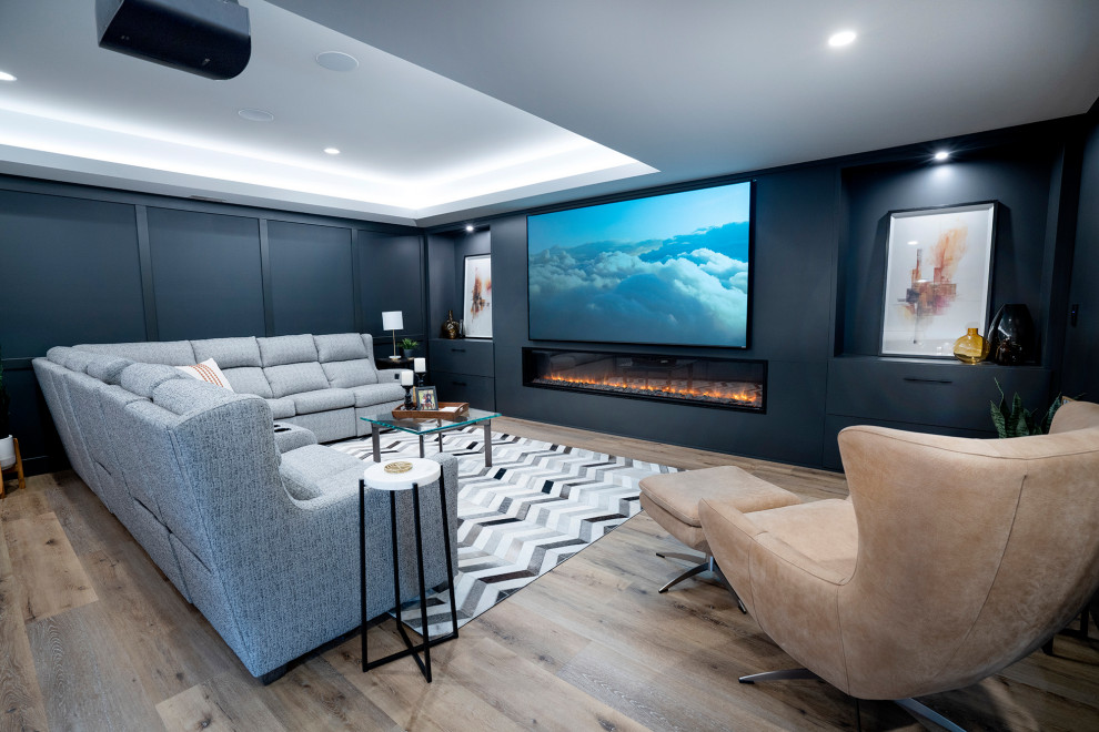 Design ideas for a large modern home theatre in Other with black walls and vinyl floors.