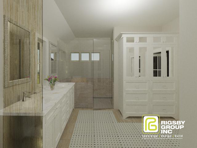 Transitional master multicolored tile and ceramic tile alcove shower photo in Milwaukee with an integrated sink, furniture-like cabinets, beige cabinets, marble countertops and beige walls