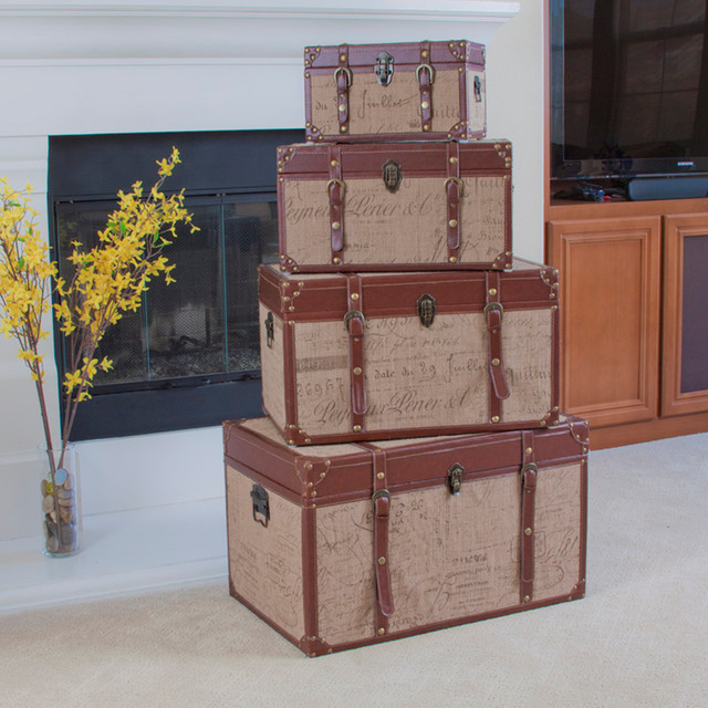 Set Of 4 Stacking Scripted Sackcloth Decorative Storage Trunks