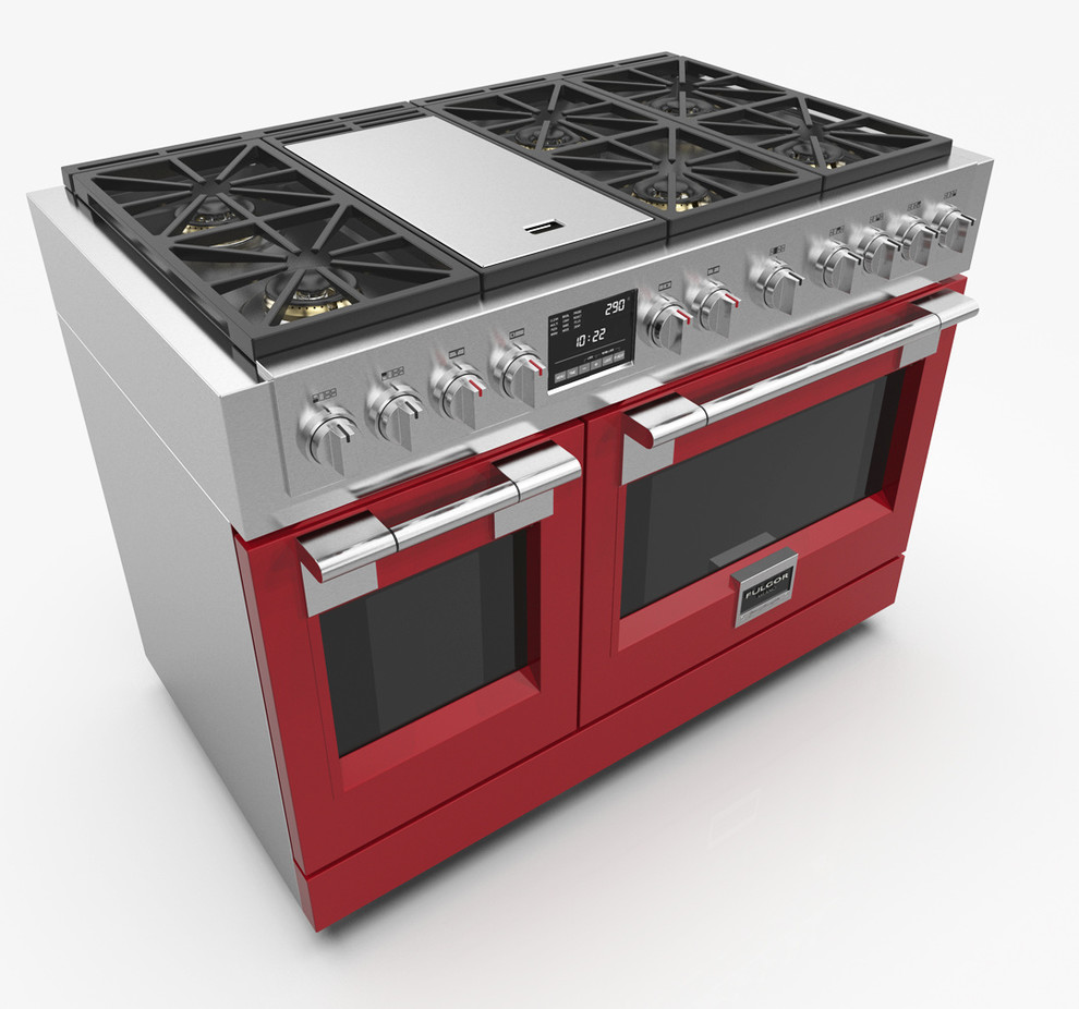 Example of a huge kitchen design with colored appliances