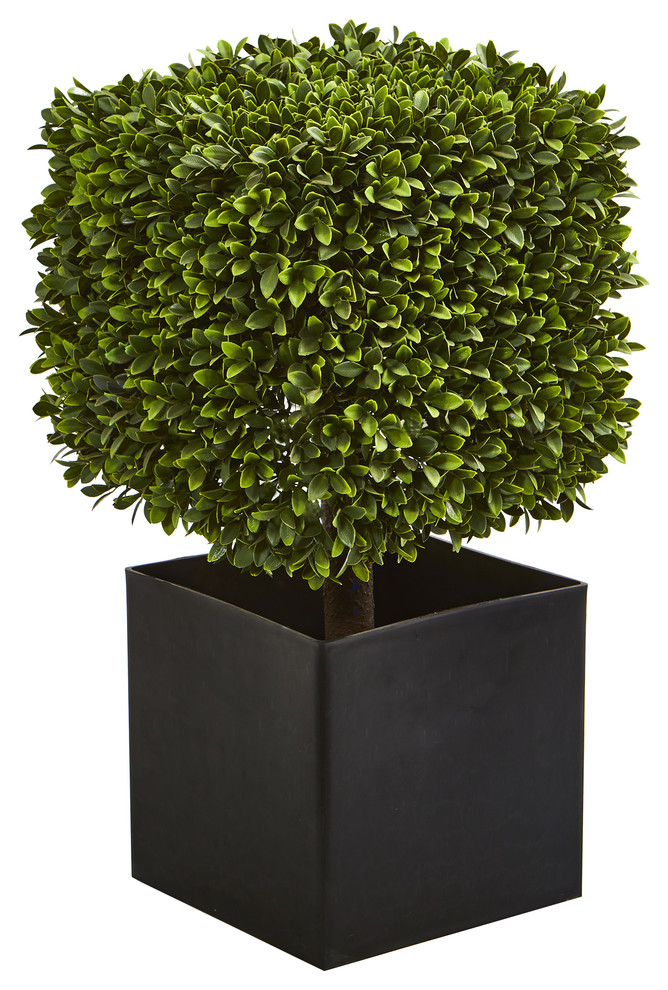 27" Boxwood Artificial Plant in Black Planter, Indoor/Outdoor Traditional Artificial Plants