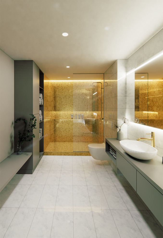 Design ideas for a small modern bathroom in Frankfurt with a wall mounted toilet, marble tiles, marble flooring, a vessel sink, white floors, an open shower and a single sink.