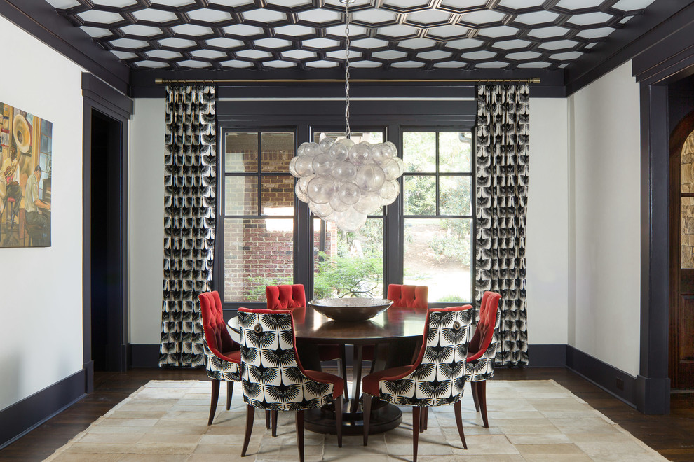 Design ideas for a large transitional open plan dining in Atlanta with white walls and dark hardwood floors.