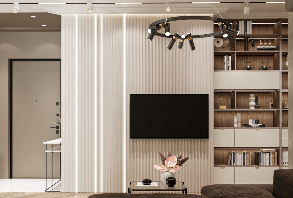 На фото: парадная гостиная комната в стиле неоклассика (современная классика) с серыми стенами, телевизором на стене, зоной отдыха и серым полом