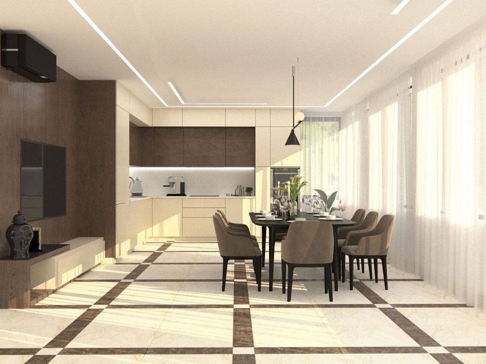 Гостиная и кухня в загородном доме