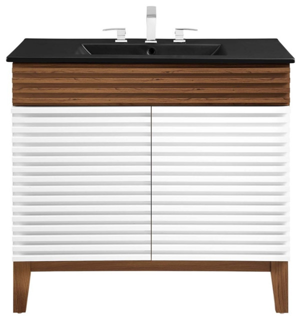 Modway Render 36" MDF and Particleboard Bathroom Vanity in White/Walnut ...