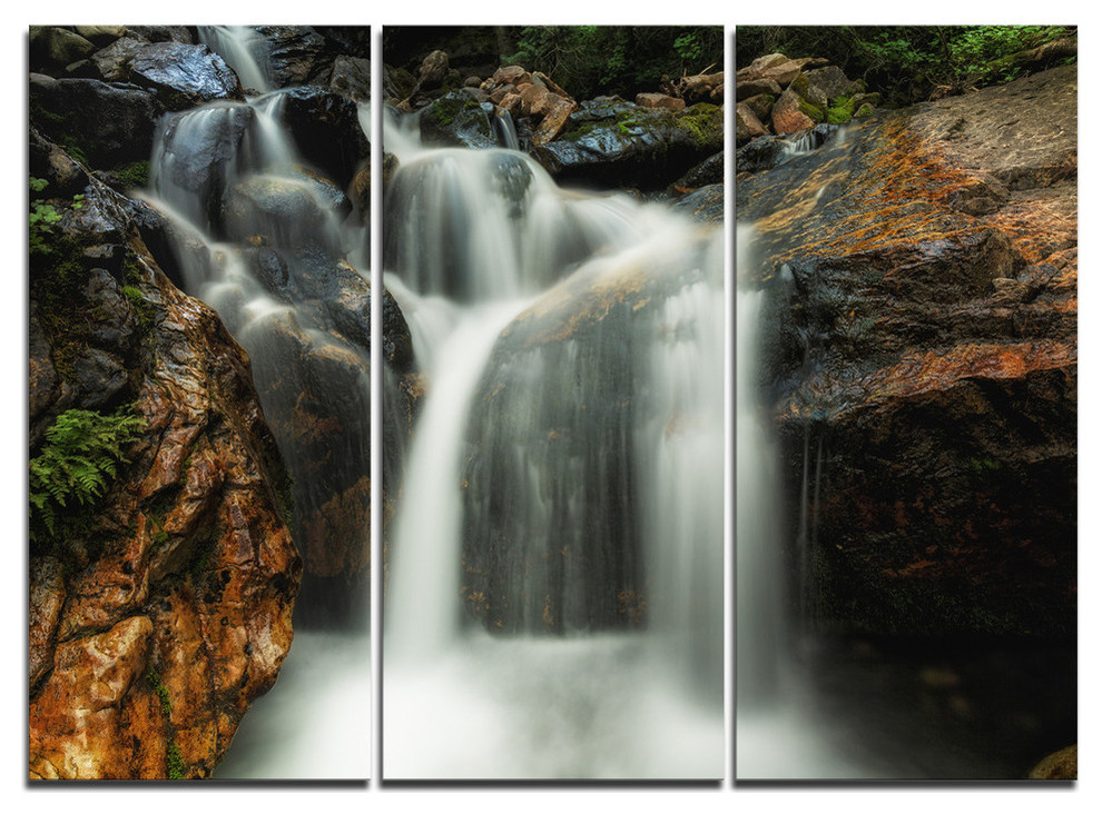 "Slow Motion Waterfall on Rocks" Metal Wall Art, 3 Panels, 36"x28" Traditional Metal Wall