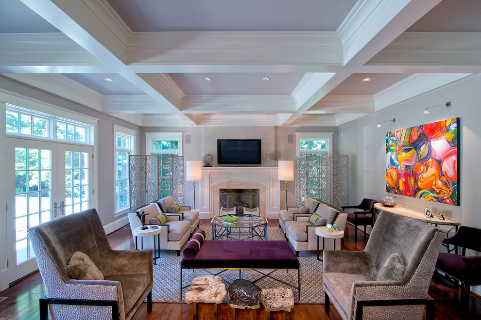 This is an example of a large transitional living room in DC Metro with grey walls.