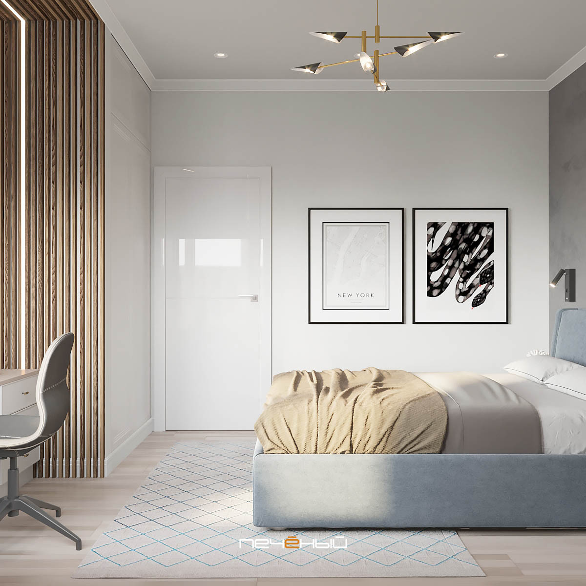 Серо-синий современный интерьер