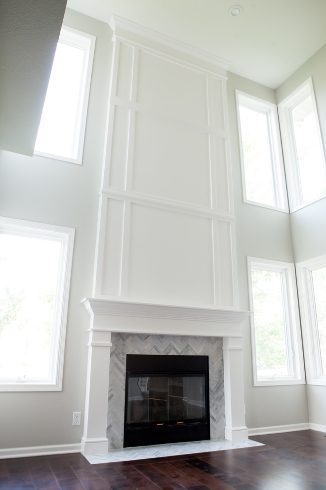Example of a huge transitional formal and open concept dark wood floor and brown floor home design design with gray walls, a standard fireplace, a tile fireplace and no tv