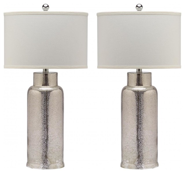 Safavieh Bottle Glass Table Lamp Set, Mercury Glass Bottle Base Table Lamp With Grey Linen Shade
