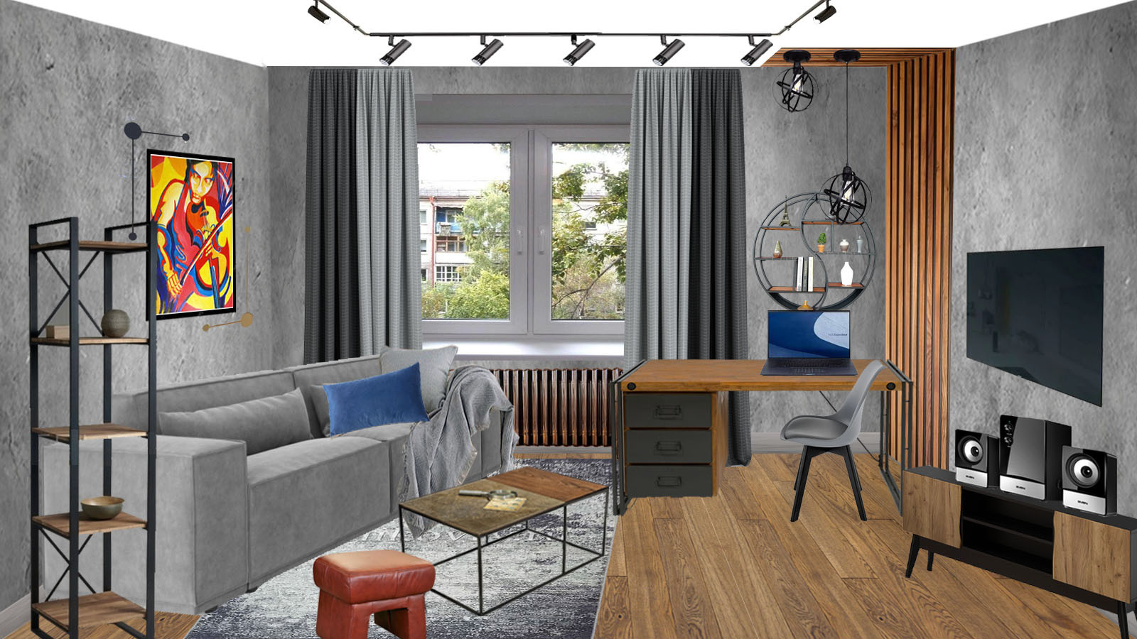 Проект жилой комнаты с зонированием гостиной, спальни и кабинета