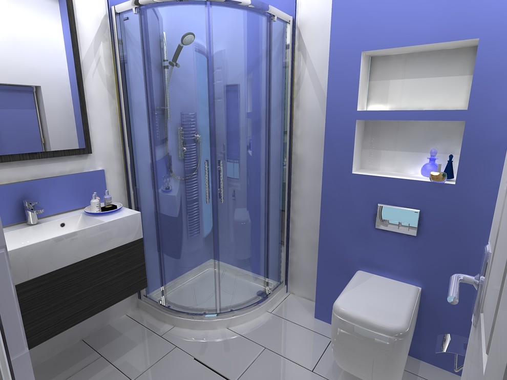 This is an example of a contemporary master bathroom in Hertfordshire with a wall-mount sink, a corner shower, a wall-mount toilet, purple walls and porcelain floors.