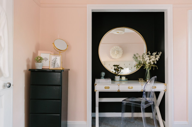 A calming pink master suite modern-bedroom