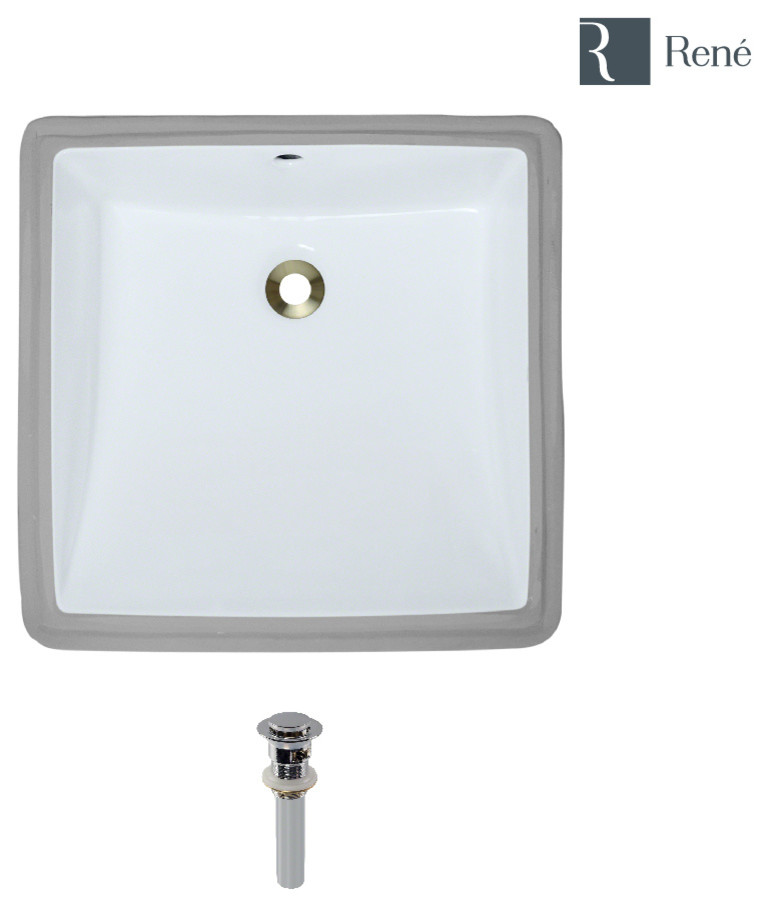 R2-1003 Square Porcelain Bathroom Sink, Biscuit, White, Chrome Drain