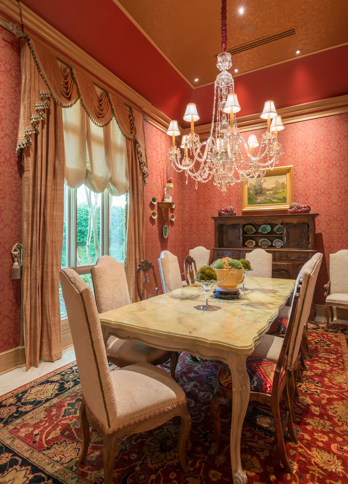 Design ideas for a mid-sized traditional separate dining room in Other with red walls, limestone floors and white floor.