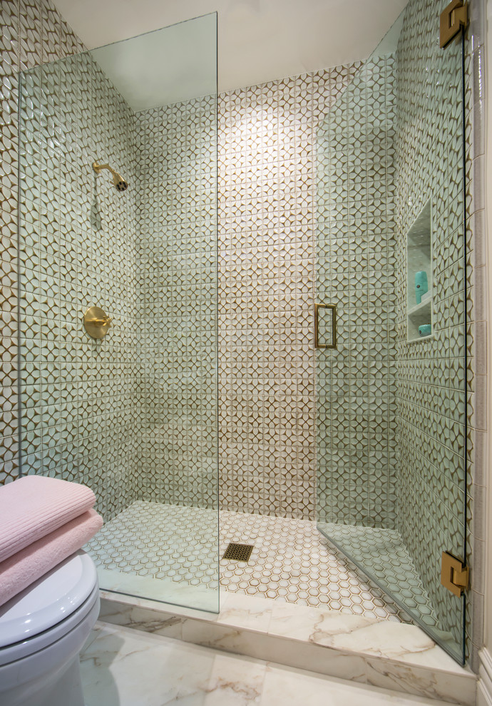 This is an example of a mid-sized transitional 3/4 bathroom in Los Angeles with flat-panel cabinets, medium wood cabinets, a two-piece toilet, white tile, yellow tile, ceramic tile, multi-coloured walls, an undermount sink, engineered quartz benchtops, white benchtops, an alcove shower and a hinged shower door.