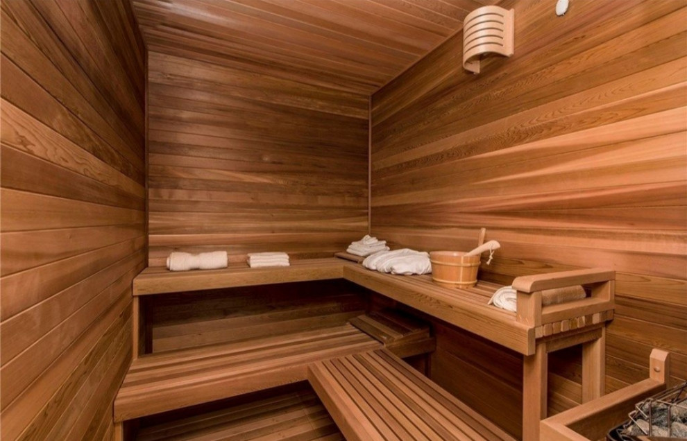 Inspiration for a mid-sized transitional bathroom in Los Angeles with with a sauna and brown floor.