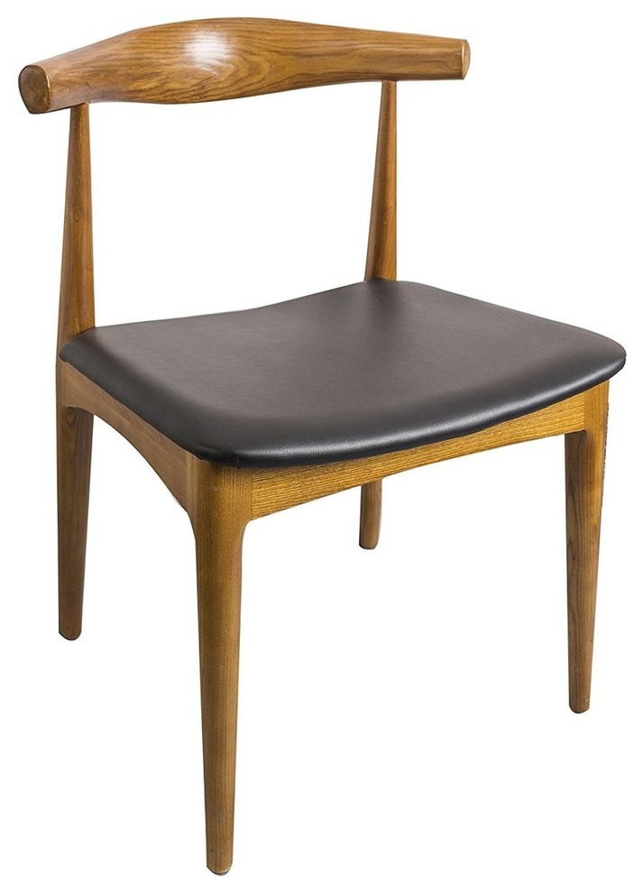 Elbow Dining Chair, Black Faux Leather/Ash Wood Frame in Walnut Stain
