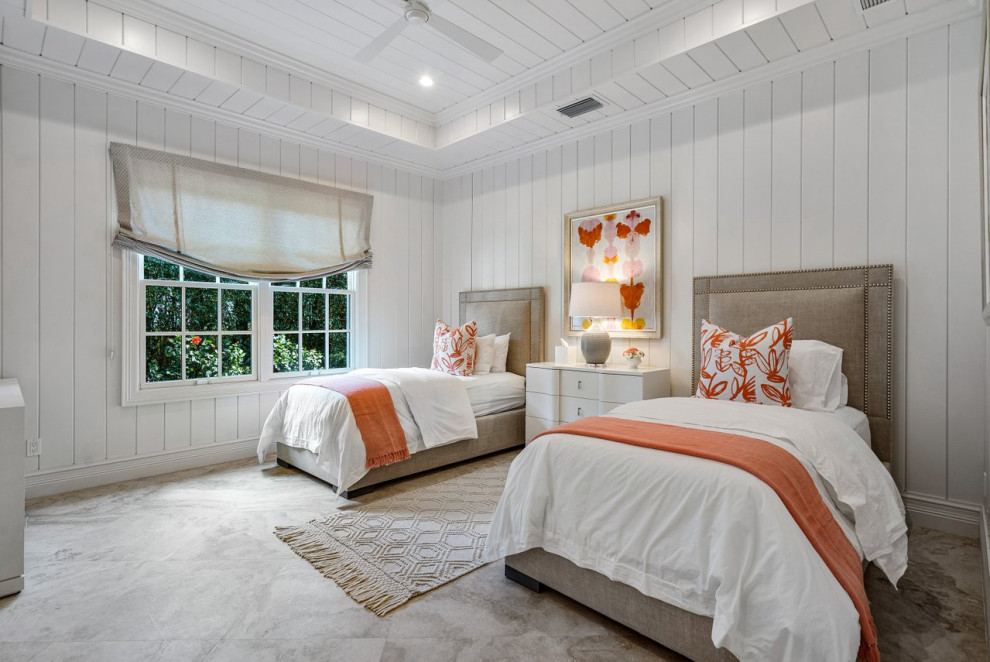 Design ideas for a large classic guest bedroom in Miami with white walls, grey floors, a drop ceiling and tongue and groove walls.