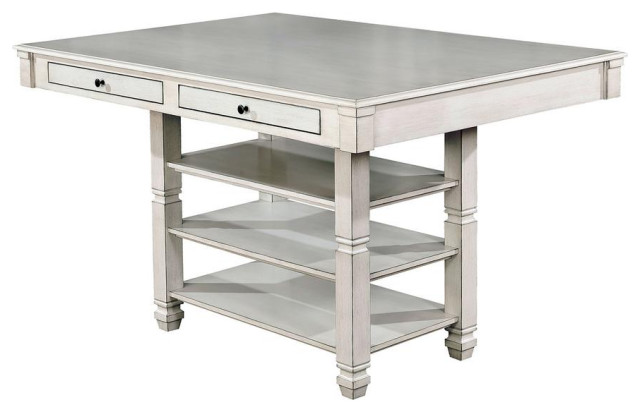 Solid Wood Counter Height Table With Drawers And Open Shelves