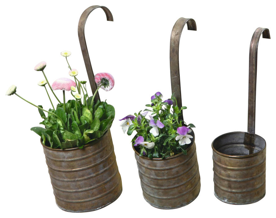 Hanging Metal Flower Planters, Set of 3 With Hanging Handles