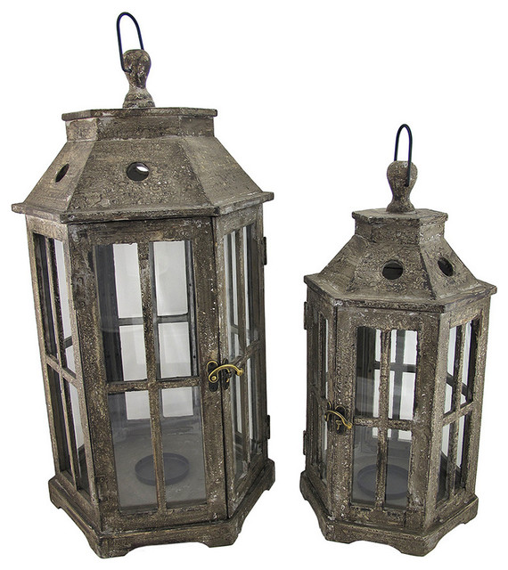 Pair of Large Wood and Glass Outdoor Pillar Candle Lanterns 26 Inch, 19 Inch