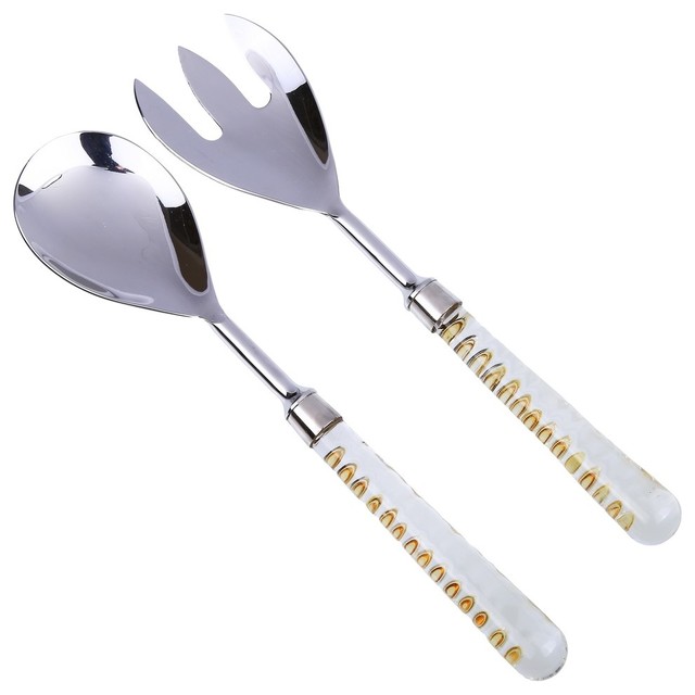 Classic Touch Stainless Steel Salad Servers With Glass Handle And Gold