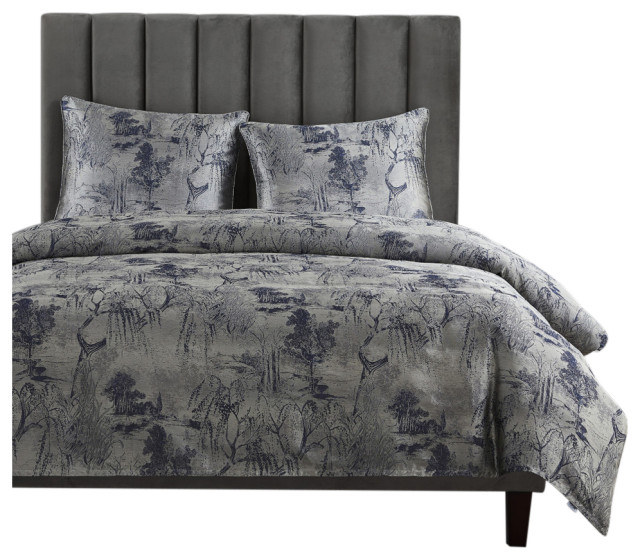 Pastoral Jacquard Comforter Set, 3 Piece, Silver, Queen