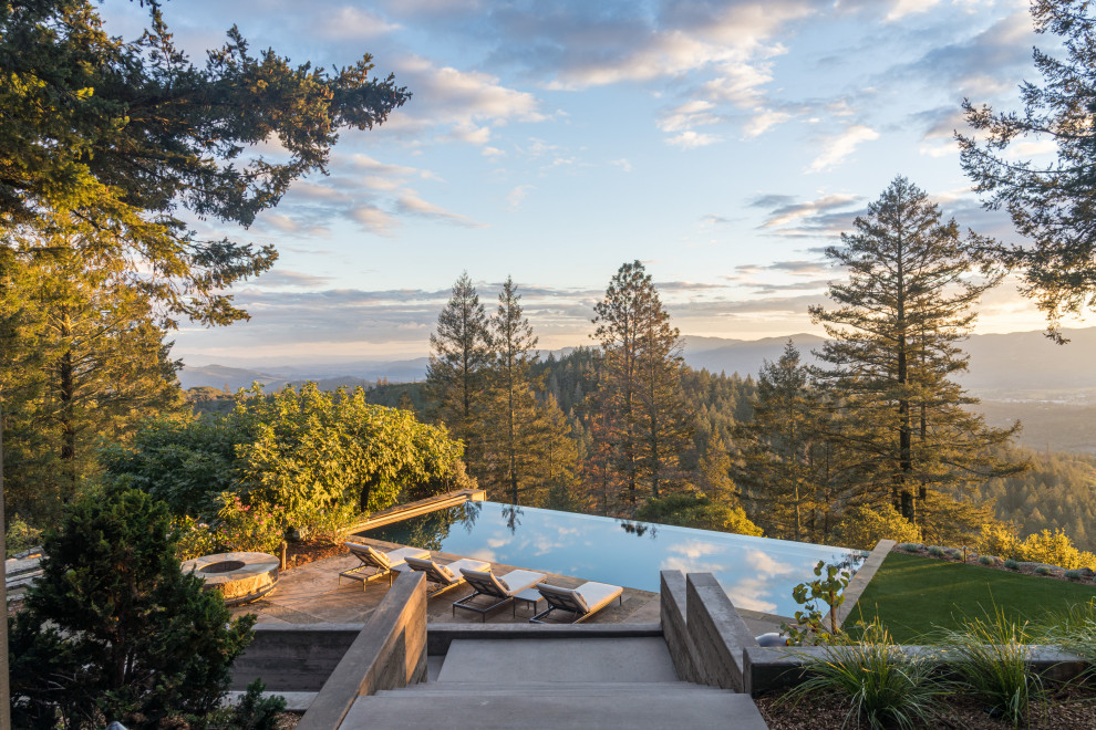 Minimalist backyard rectangular infinity pool photo in Other