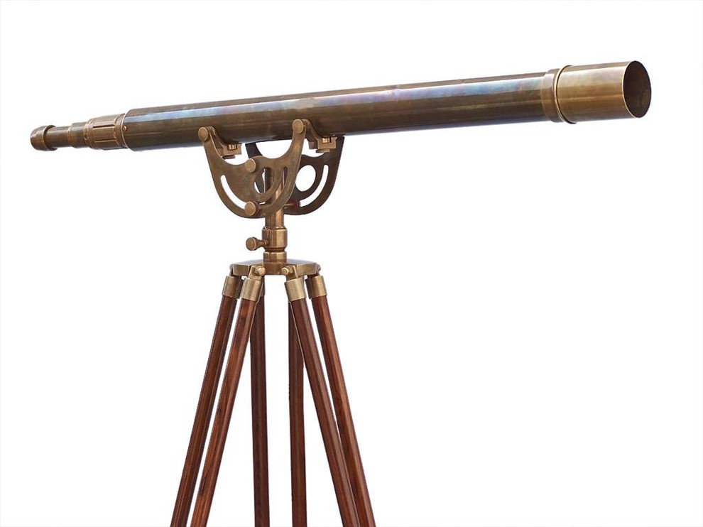Antique Nautical Harbor Master Brass Floor Standing Tripod Telescope 65" Tall 