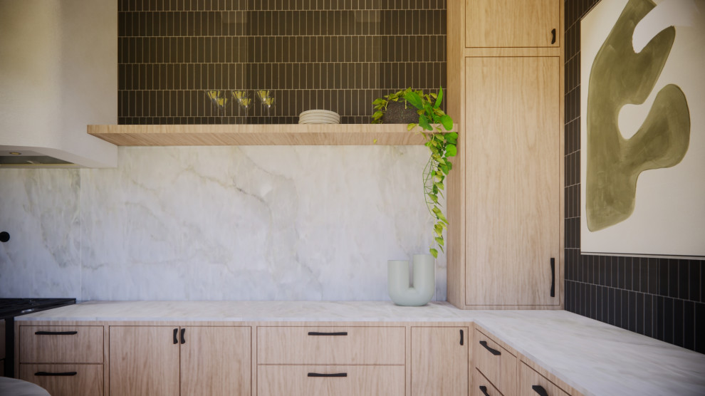 Design ideas for a modern kitchen in San Diego with flat-panel cabinets, medium wood cabinets, quartzite benchtops, black splashback, ceramic splashback, stainless steel appliances, ceramic floors and grey floor.