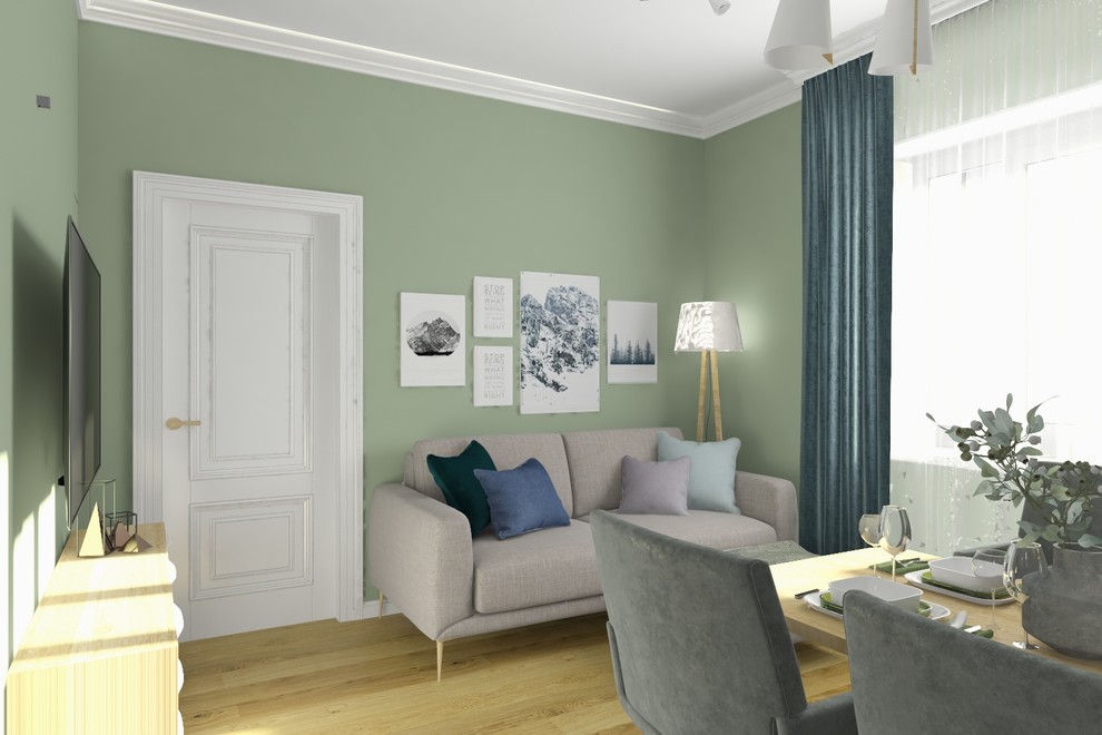 Гостиная с обеденной зоной и кухня, которая уместилась в бывшей кладовке