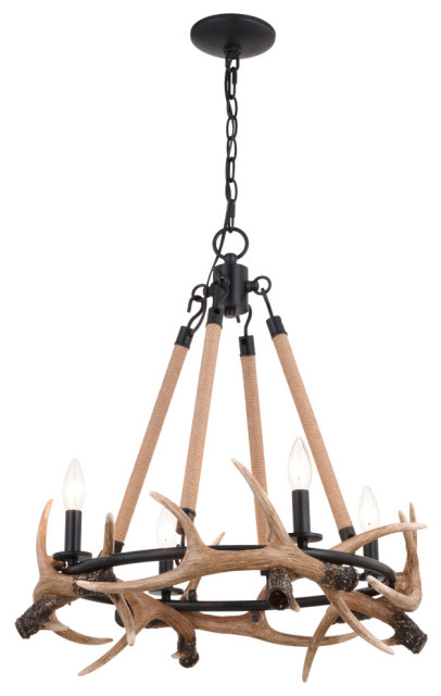Breckenridge 23.25" 4 Light Antler Chandelier Aged Iron with Natural Rope