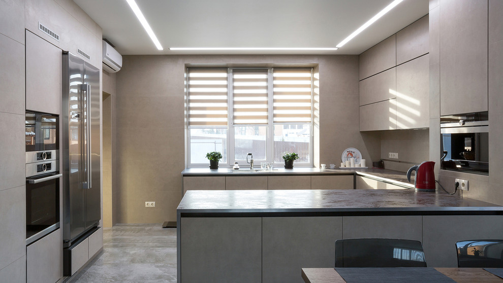 Кухня-гостиная из керамики, текстуры камень, цемент, металл