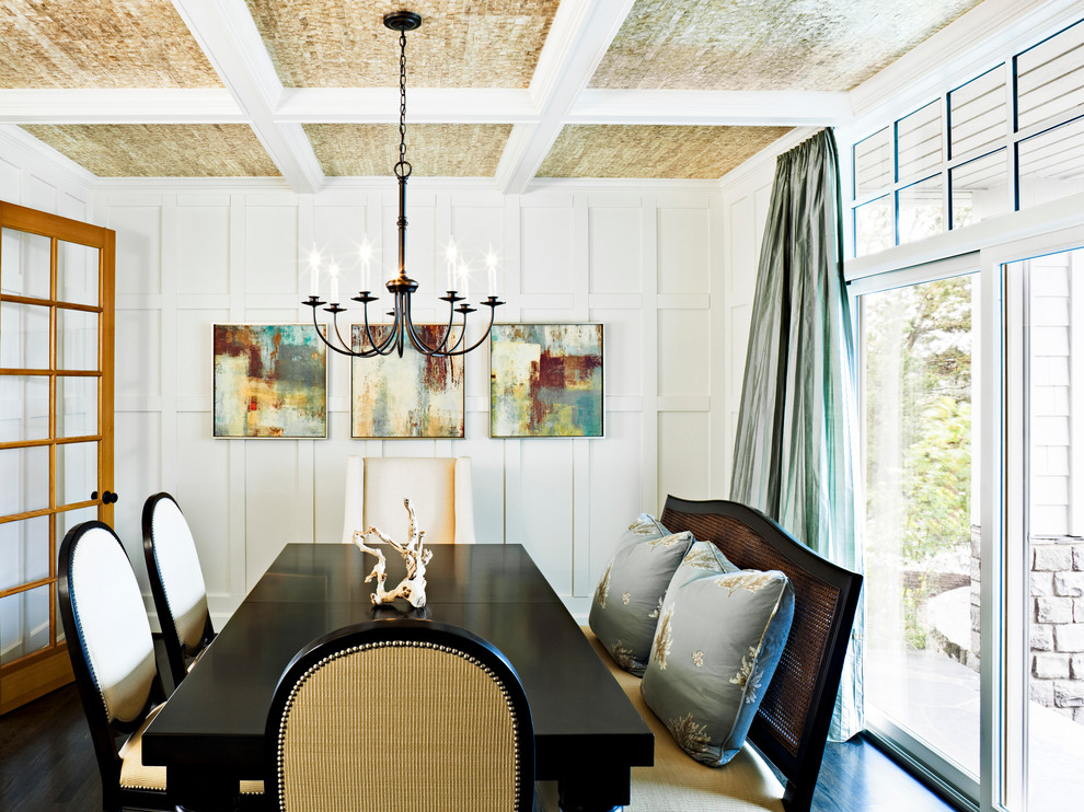 Inspiration for a traditional dining room in Portland with white walls.