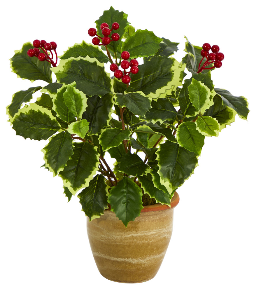 14" Variegated Holly Leaf Artificial Plant, Ceramic Planter, Real Touch