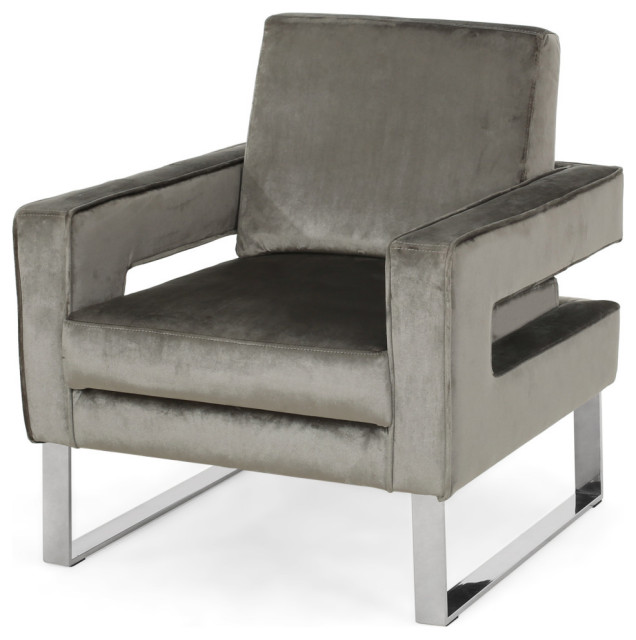 Kerman Modern Glam Velvet Club Chair, Gray/Silver