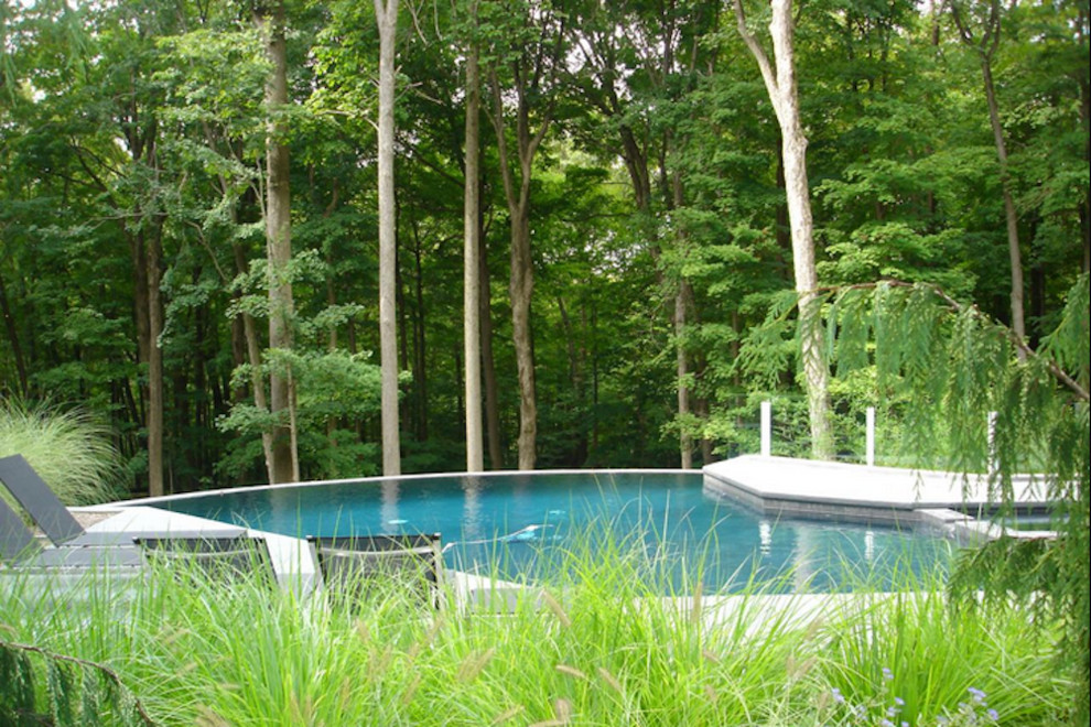 Example of a backyard stone and custom-shaped pool design in New York