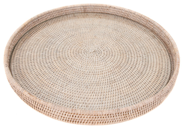Artifacts Rattan™ Round Serving-Ottoman Tray with Glass Insert, White Wash, 19" Diameter