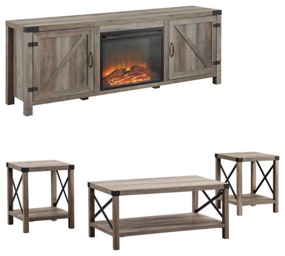 Farmhouse Fireplace TV Stand with Coffee Table and 2 End Tables Set in