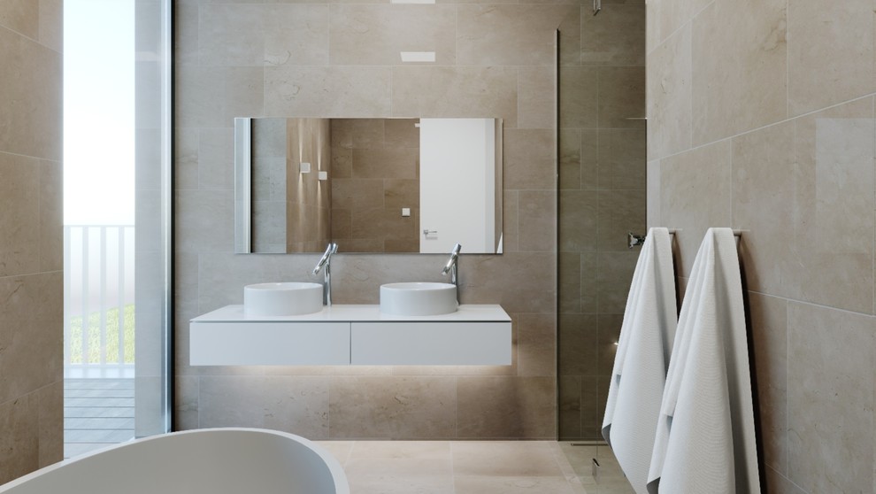 Small modern kids wet room bathroom in Other with glass-front cabinets, a freestanding tub, brown tile, stone slab, travertine floors, an integrated sink, stainless steel benchtops, brown floor, a hinged shower door and white benchtops.