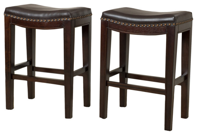GDF Studio Jaeden Contemporary Studded Backless Stools, Set of 2, Brown Leather Bar Height