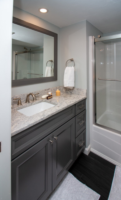 Transitional Graphite Paint Vanity Bath Remodel With White Bahamas