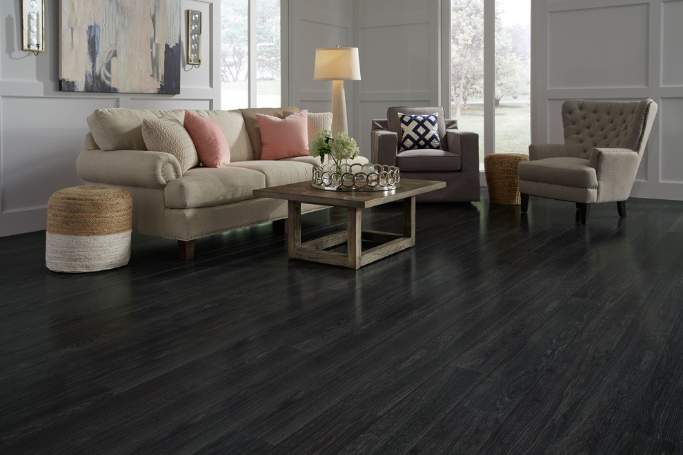 Large trendy formal and open concept medium tone wood floor and brown floor living room photo in Other with beige walls