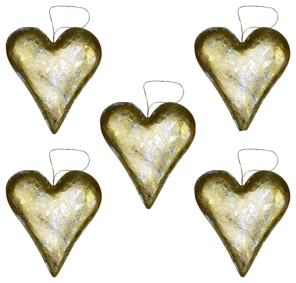 Luxe Metallic Gold Heart Ornament Set 5 Love Romantic 12 in Metallic