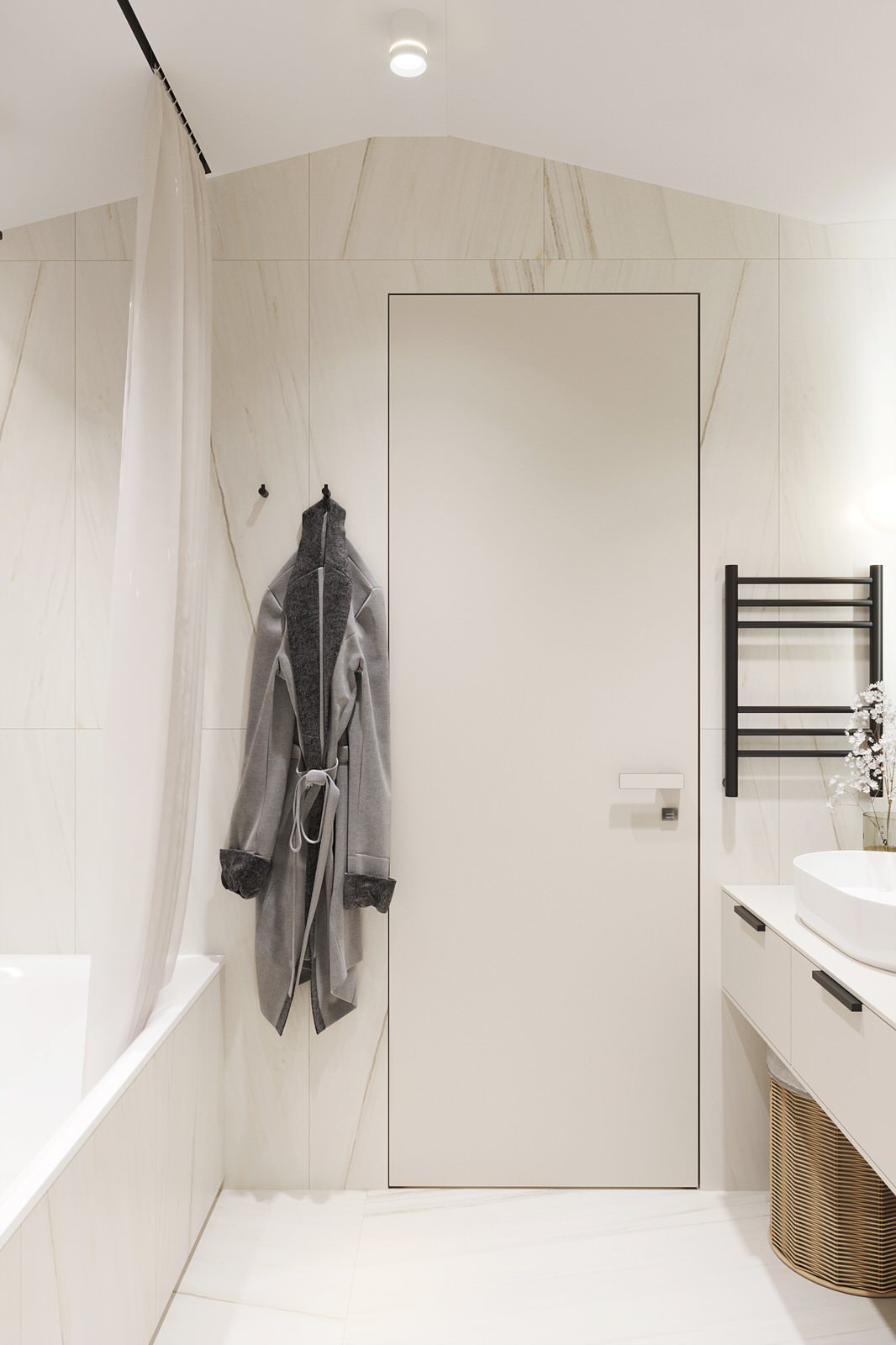 Белые интерьеры спальни и ванной комнаты