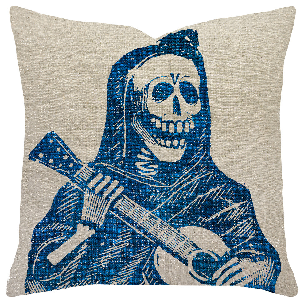 Skeleton with Guitar Throw Pillow